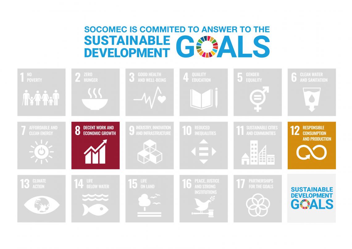 Socomec is committed to answer to the following sustainable development goals: Decent work and economic growth and Responsible consumption and production